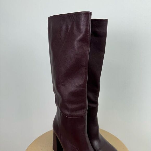 Zara Women’s Oxblood Burgundy Leather Square Toe Below the Knee Block Heel Boot - Picture 6 of 15
